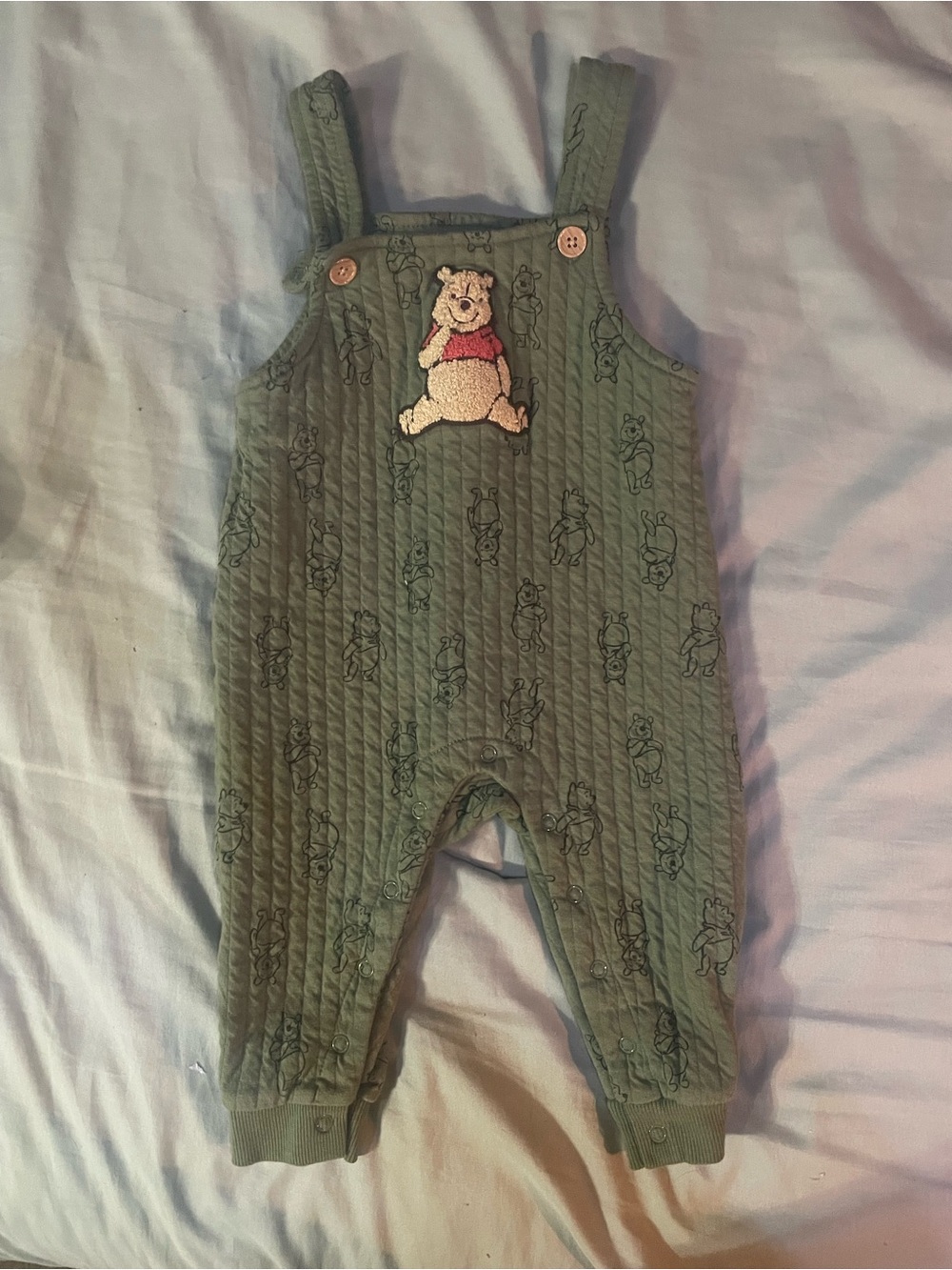 Disney Olive Green Quilted Overalls with Winnie the Pooh Patch